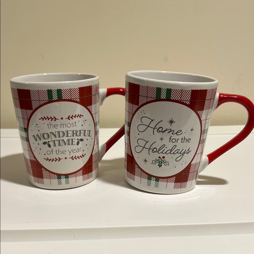 NWT Festive Plaid Holiday Mugs Set Of 2 Red and white Cozy mug stocking stuffer - Picture 2 of 15